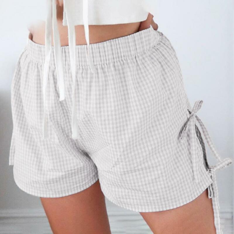 Pantalones cortos holgados para mujer, Shorts informales de Color sólido con estampado a cuadros, con lazo y cintura elástica alta, para verano