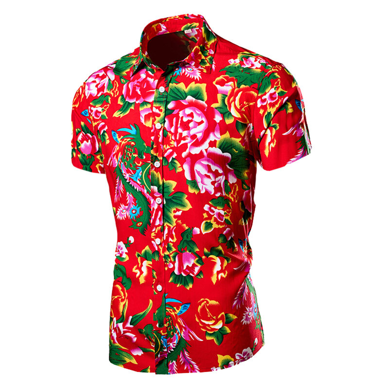 북동풍 빅 플라워 디자인 남성용 반팔 셔츠, 중국 스타일 상의, 트렌드 스트리트웨어, 캐주얼 남성 의류, 여름 신상