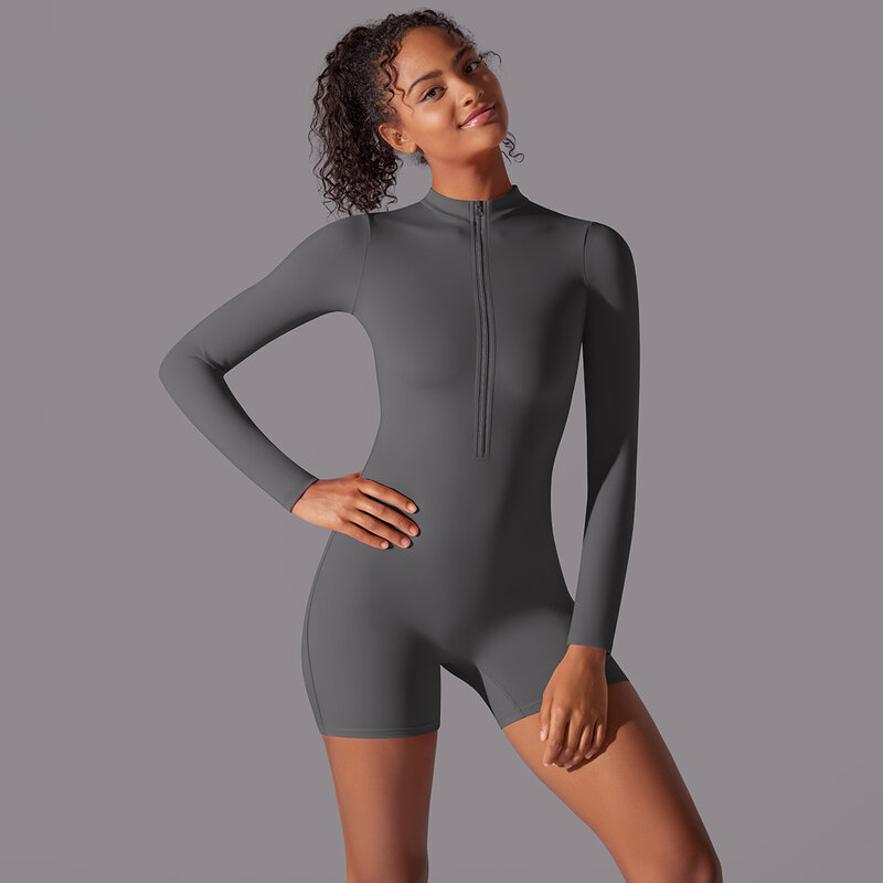 Jumpsuit lengan panjang ritsleting leher terbuka baru 2024 pakaian Yoga ketat seksi Jumpsuit kebugaran dansa wanita