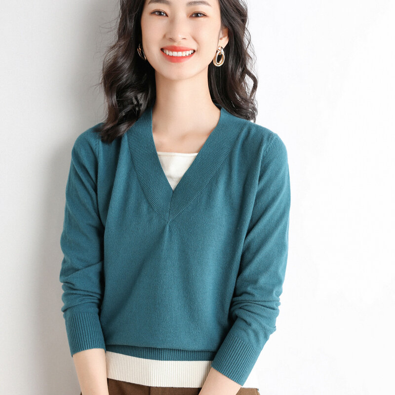 2022 봄 가을 새로운 v-목 스웨터 여성의 가짜 두 조각 색상 일치하는 바닥 풀오버 스웨터 느슨한 얇은 한국어 버전