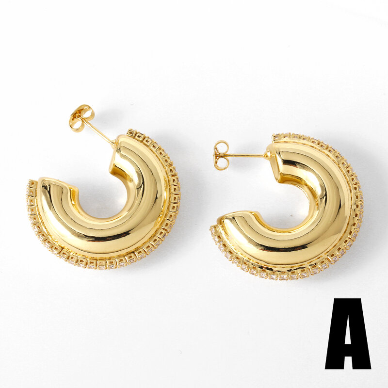 FLOLA-Brincos grandes em forma de C em zircão para mulheres, banhado a ouro, brinco de cobre, joias da moda, presentes para namorada, ersa301