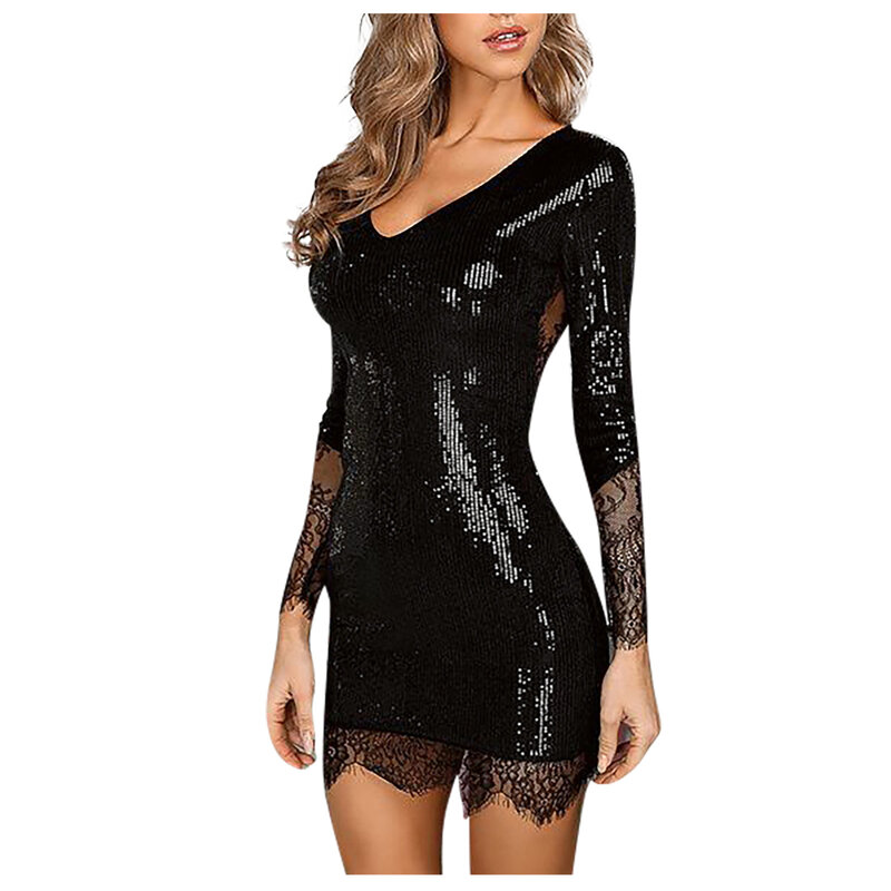 Women's Formal Dresses Long Sleeve Deep V Neck Transparent Lace Embroidery Glitter Sparkly Sequin Bodycon Dress Black Dress