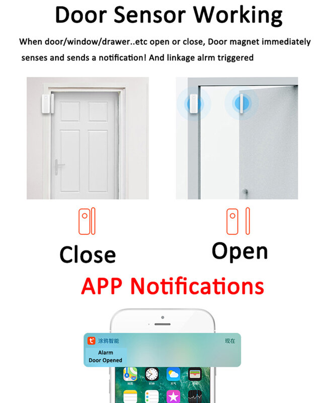 Tuya app wi-fi sem fio porta de contato para o sistema de alarme de segurança em casa sensor de alarme de porta detector