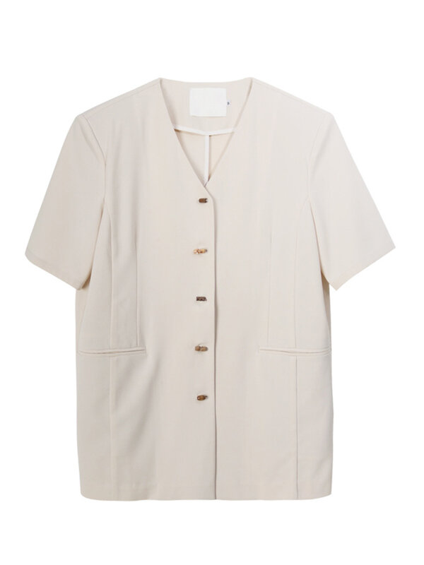 [LANMREM] Office Lady Short Sleeve Blazers For Women V Neck Single Breasted Minimalism Female Coats 2024 Summer New 26D9652