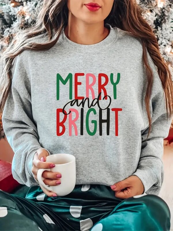 Christmas Pullover Women, Merry Bright Letter Print Sweatshirt, Cute Long Sleeve Crew Neck Top, Women's Clothing