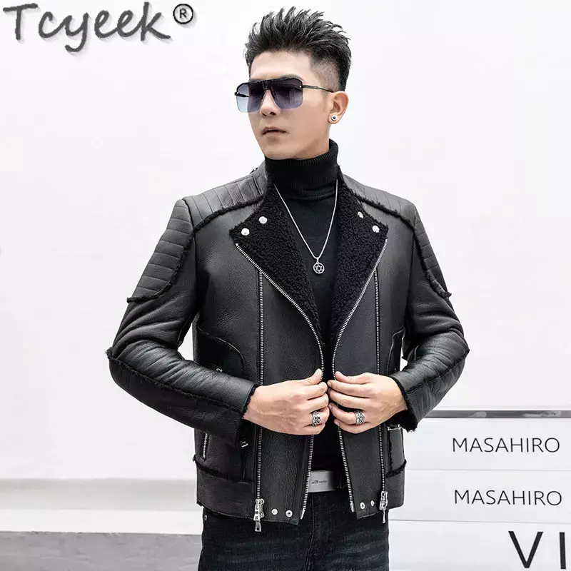 Tcyeek-casacos de pele real grossos para homens, jaqueta de couro genuíno de motocicleta, roupas masculinas, pele de carneiro natural, inverno, 2023