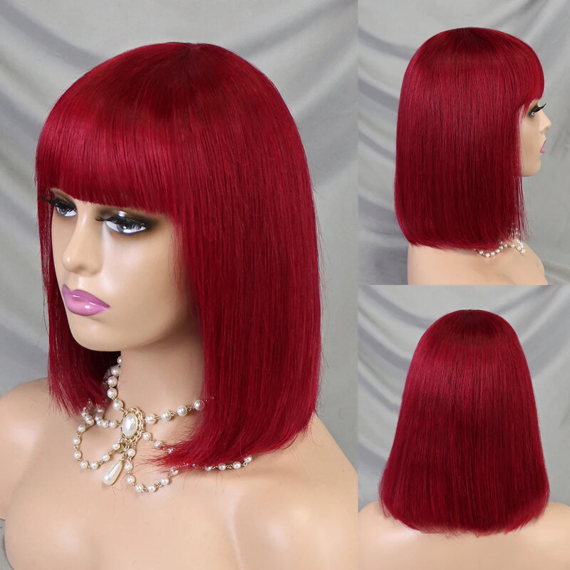 Бордовый 99J прямые полные парики с челкой, короткий Боб, парик из человеческих волос для женщин, предварительно выщипанные бразильские волосы Remy