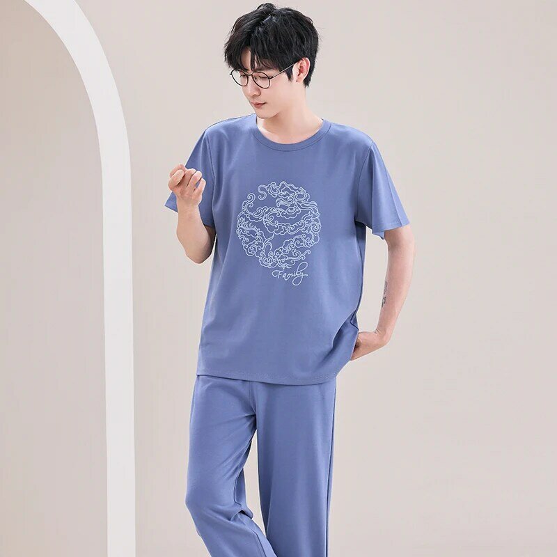 Conjunto de pijama de talla grande para hombre, ropa de dormir de algodón, Top corto y pantalón largo, L-4XL de verano