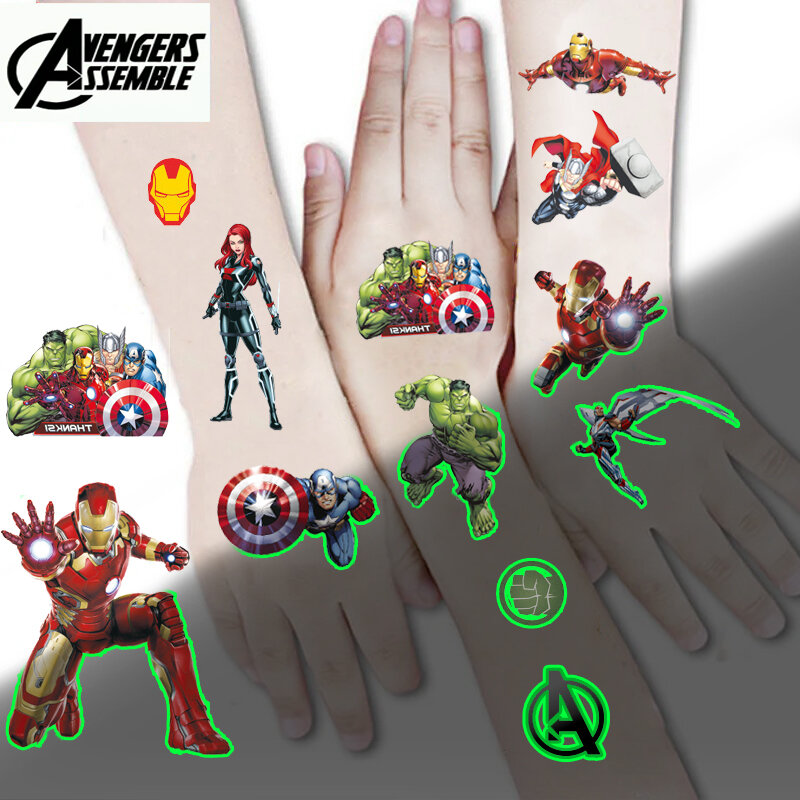 Stiker tato bercahaya Superhero The Avengers pesta nikmat Glow perlengkapan pesta ulang tahun dekorasi ruangan untuk hadiah anak-anak