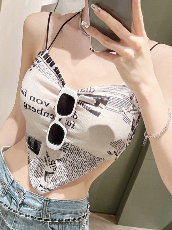 Print Sleeveless Sexy Crop Tops Women Backless Lacing Camis Wireless Tanks Spaghetti Strap Halter Cropped Top Camisole
