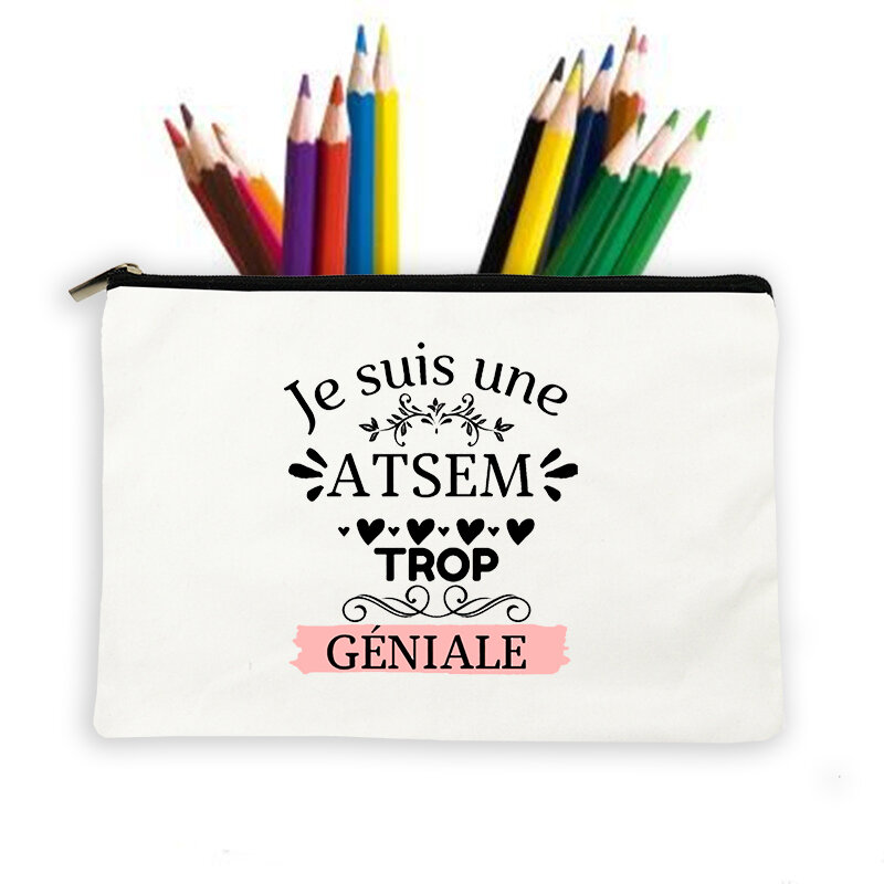 감사합니다 Atsem 프랑스어 인쇄 대용량 연필 케이스 학교 문구 용품 보관 가방 여행 메이크업 워시 파우치 최고의 선물