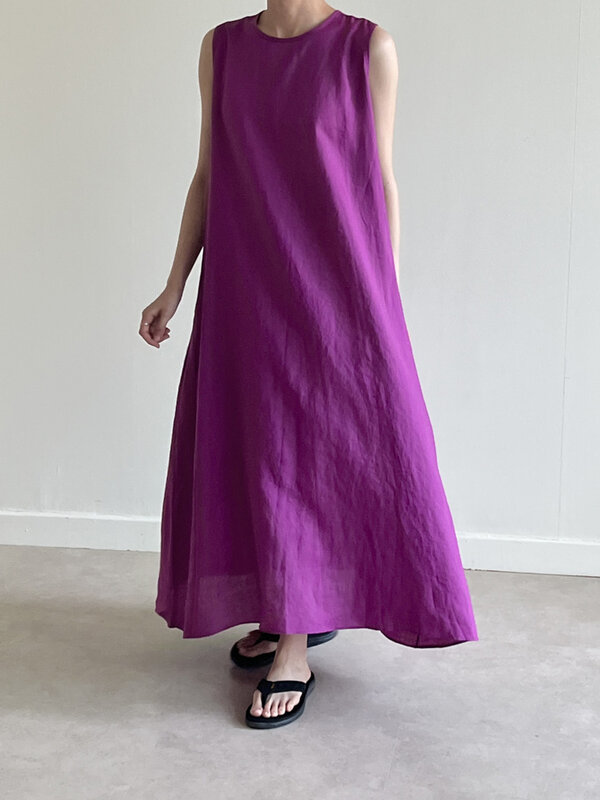 QoerliN Korean 2023 Summer New Loose and Comfortable Rendered Dress Women's Thin Sleeveless Lace up Long Cotton Hemp Long Dress
