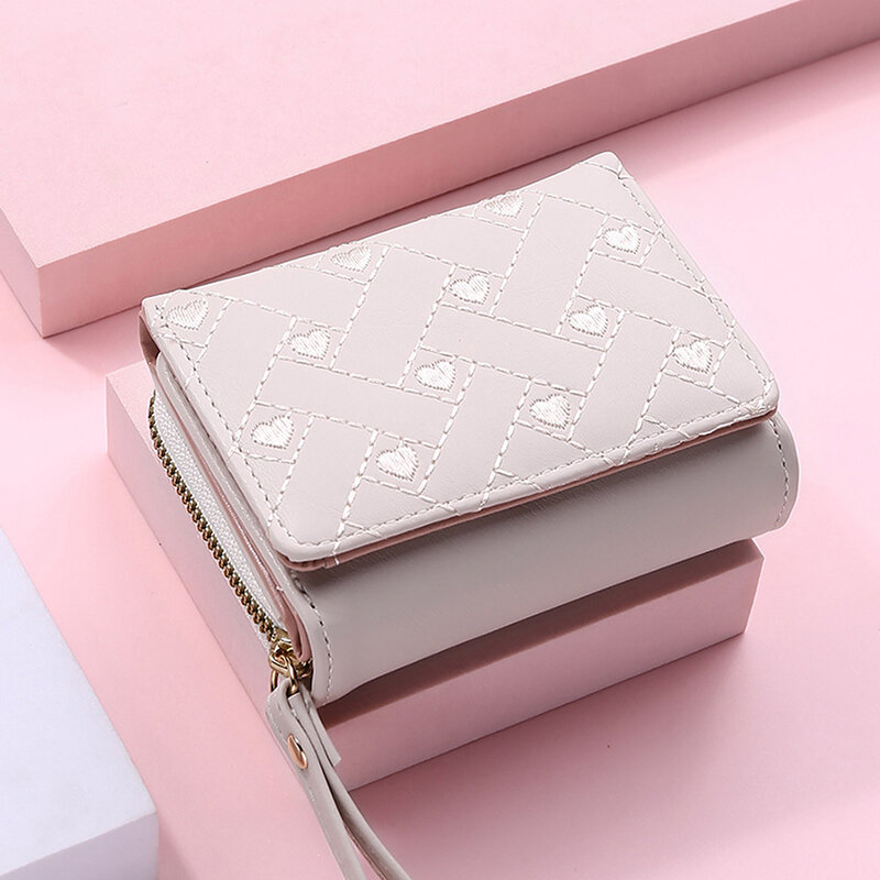 Damen Brieftasche dreifach gefaltete Karten tasche Pu Multi Objekte Tasche kurze Mode gestickt Liebes muster koreanische minimalist ische neue