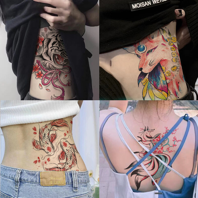 Pegatinas de tatuaje de animales coloridos para hombres y mujeres, arte corporal, brazo, espalda, zorro de nueve colas, tatuajes temporales, calcomanías Flash, tatuajes impermeables