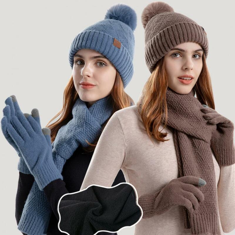 1 Set Hat Scarf Gloves Set Ear Protection Keep Warm Elastic Women Winter Woolen Hat Neckerchief Gloves Combo Daily Wear