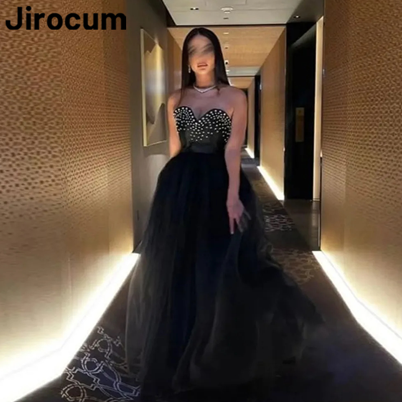 Jirocum vestido de baile de línea A negro saudita para mujer, vestidos de noche de fiesta de diamantes de corazón, elegante vestido de ocasión Formal de tul de Dubai