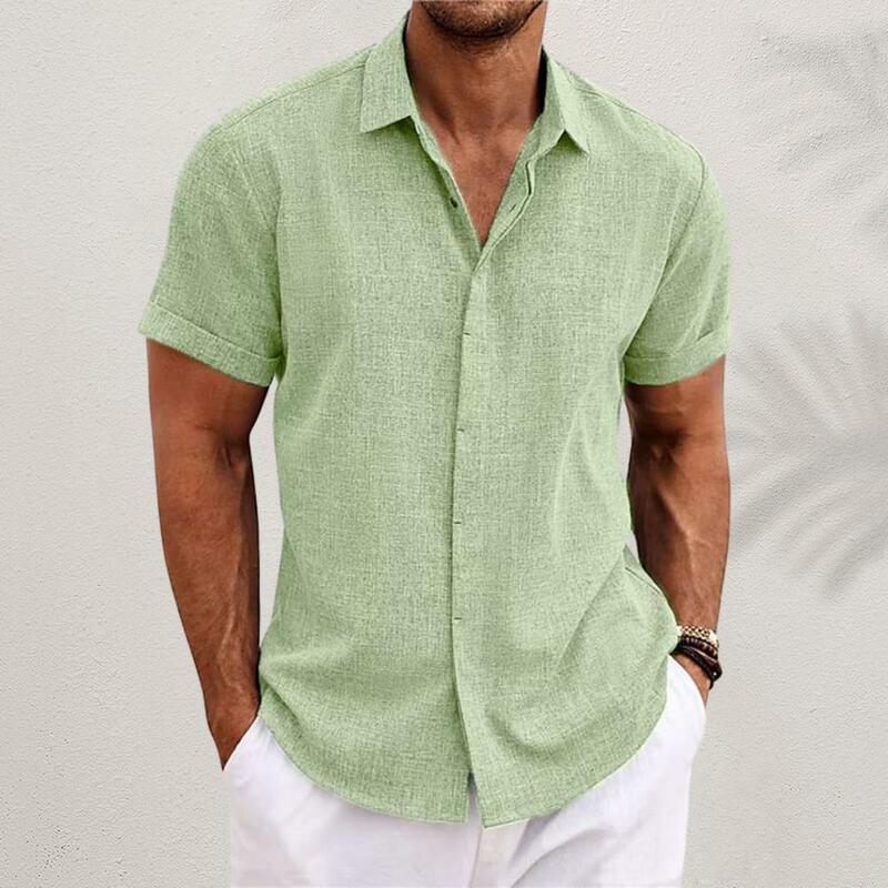 Camisa de lapela de manga curta masculina, confortável, casual, ajuste solto, cor sólida, encaixe de botões, leve, masculina