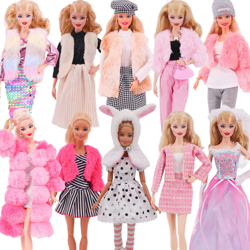 4 buah/SET mantel rompi bulu + Gaun/pakaian kasual untuk Barbie 11.8 inci aksesori pakaian boneka jaket mewah selebriti, hadiah anak-anak