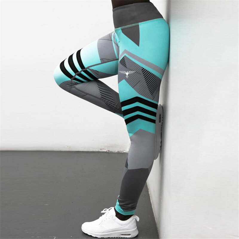 Legging Kasual Pinggang Tinggi Pinggul Angkat Olahraga Kebugaran Cepat Kering Celana Yoga Cetak Digital Geometris