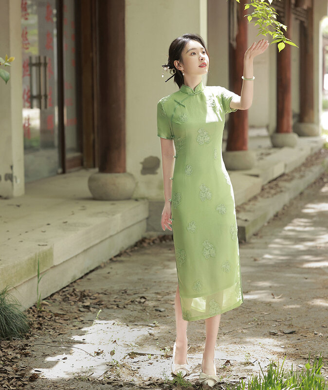 改善されたシフォン刺繍中国の女性qiaPoセクシーな半袖チャイナドレスレトロソフトデイリーパーティードレス
