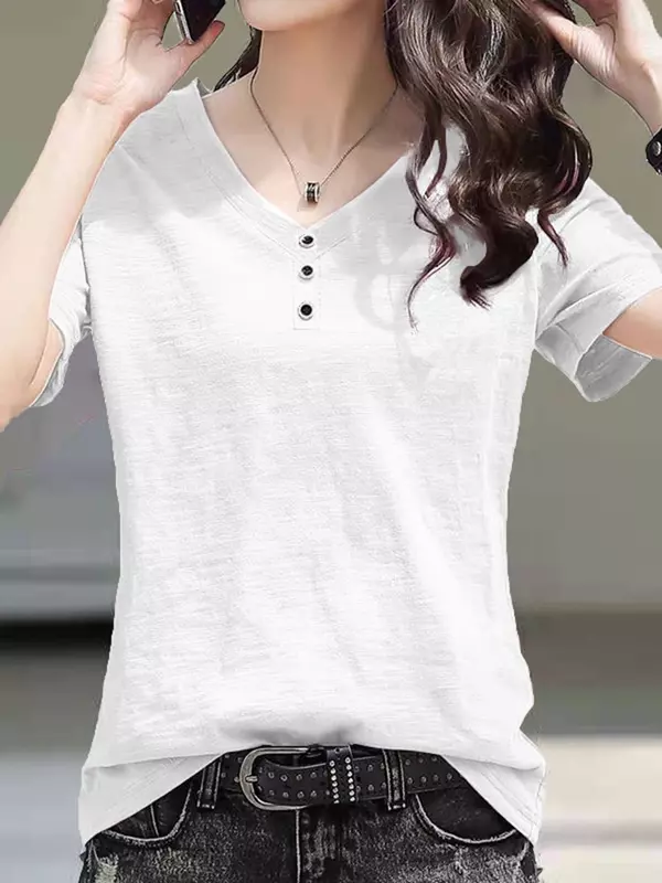 Simple Basic Casual Fashion Woman T-shirt Summer New Solid Color Slim Women T-shirt Loose V-neck White Black Yellow Top Female