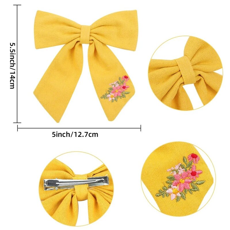 Embroidery Hair Bows Cotton Linen Barrette Baby Girls Big Bows Hairclip Children Cute Infant Spring Summer Hair Accessories