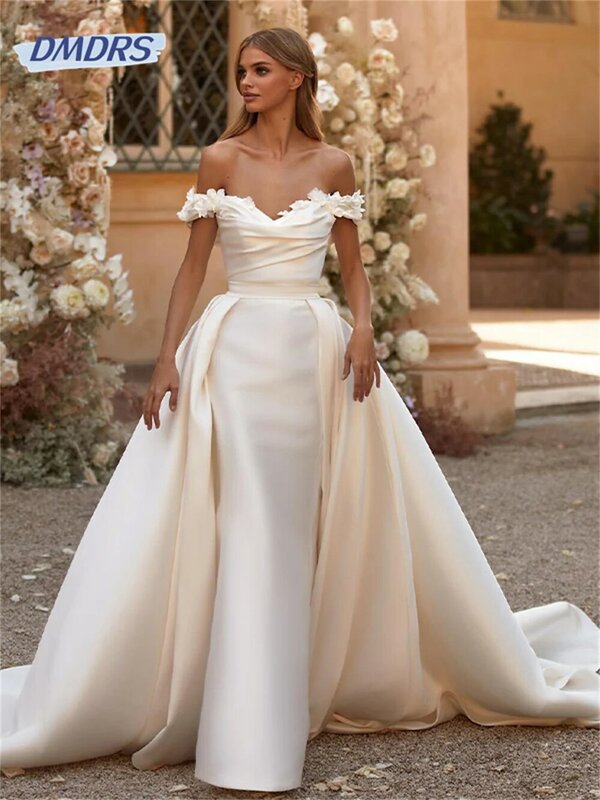 Graceful Off the Shoulder Satin Mermiad Floor Length Wedding Dresses Elegant Strapless Bridal Gown Vestido De Novia