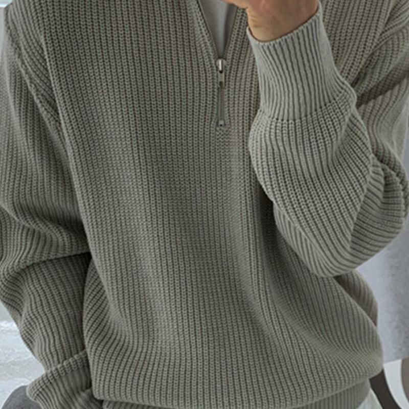 Suéter de malha de comprimento médio masculino, lapela, cor sólida, solto, manga comprida, zíper, macio, quente, pulôver casual, outono, inverno