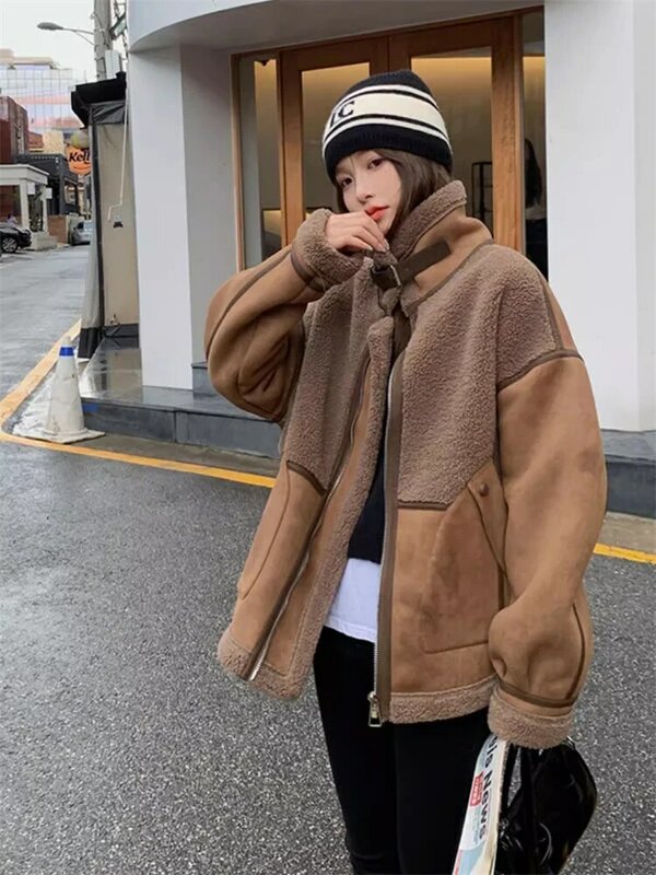 Fur-integrated Lambs Wool Coat Women Winter 2023 New High-grade Sense Add Velvet Padded Warm Stitching Motorcycle Clothes Female