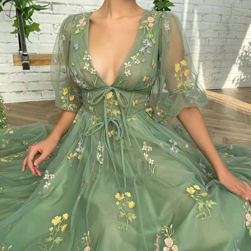 YUDX-Robe de Rhsexy en V profond, demi-manches, longueur de thé, robe de soirée verte, nouvelle robe de gala éducative, 2023
