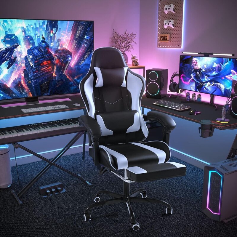 발받침 및 마사지 요추 지지대 있는 게임용 의자, 비디오 게임 의자, 360 ° 회전 및 높이 조절 가능