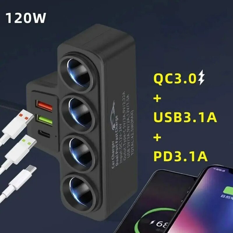 120W 4 In 1 3 USB Car Charger Fast Charging Plug Adapter Splitter 12V 24V Fast Charger Plug