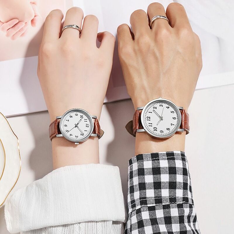 Trendy Couple Watches Arabic Numbers Dial Ladies Quartz Wristwatch PU Leather Band Lovers Casual Clock Birthday Gifts