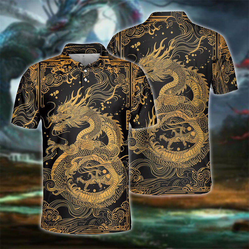 신화적인 Dragonic 3D 프린트 폴로 셔츠, 남성 의류, 하라주쿠 힙합 드래곤 반팔, 고스 롱 폴로 셔츠, 고스 탑