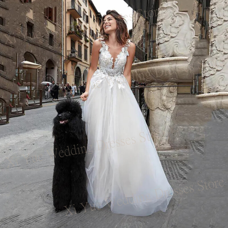 2024 nowoczesnych damskich sukienek ślubnych z głębokim dekoltem w serek klasyczne koronki aplikacje suknie panny młodej bez rękawów na guziki ładne Vestidos De Novia