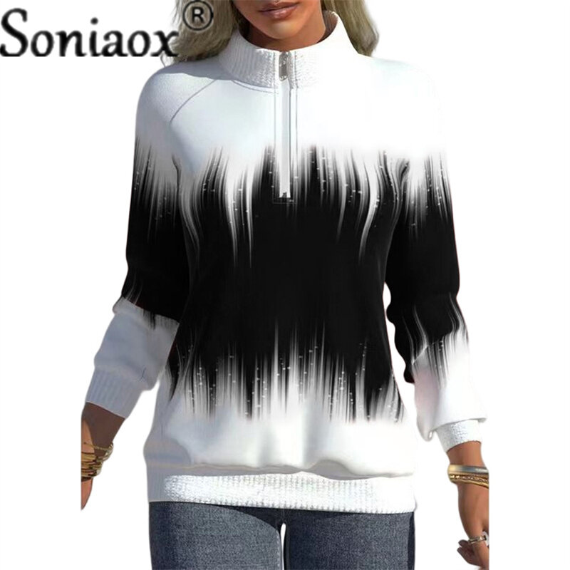 Gradiente colorido estampado feminino meia gola alta com zíper tops, elegante capuz de algodão, moletom de manga comprida, streetwear, 2022