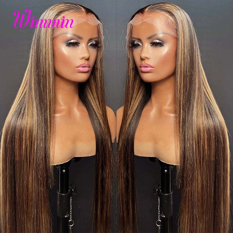 Wimmin-Peluca de cabello humano liso, postizo de encaje Frontal, color rubio, sin pegamento, 13x4/13x6, HD