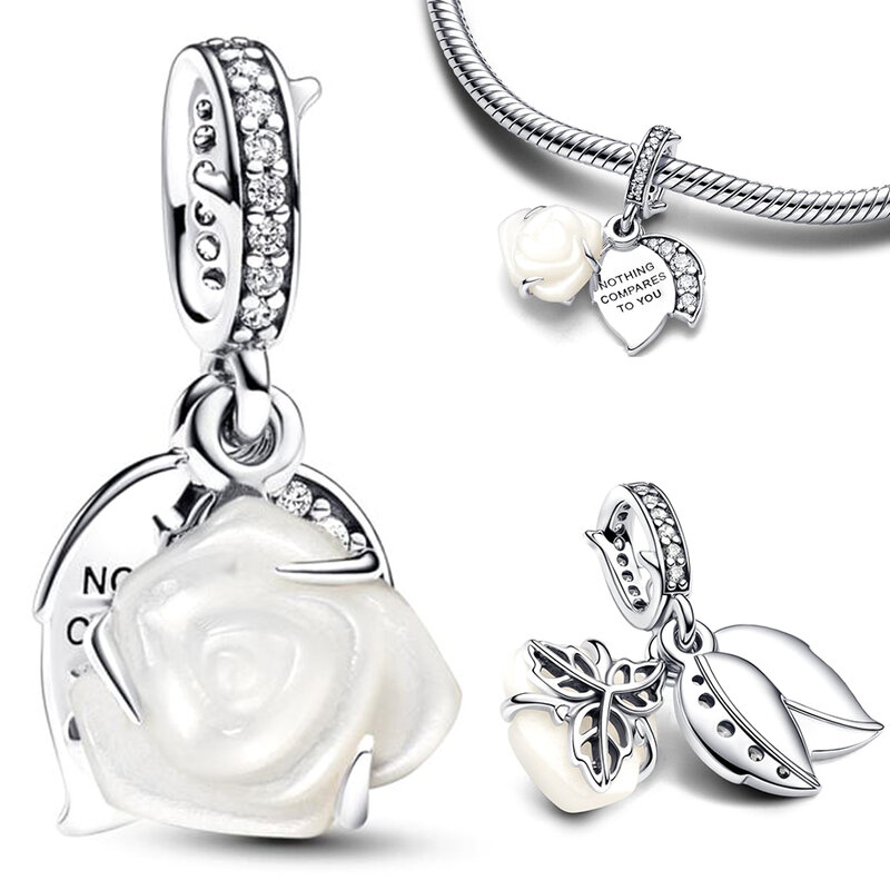 Pendientes de plata de ley 925 con diseño de Rosa Blanca en flor para mujer, joyería compatible con Pandora Original, collar, anillo, regalo