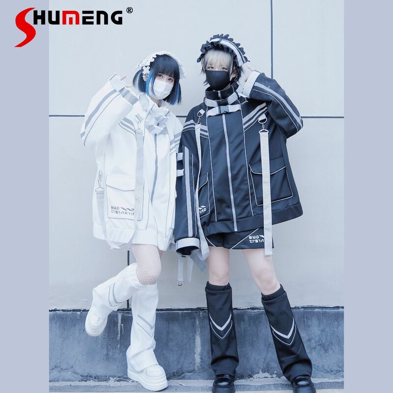 Stile giapponese Cyberpunk stile meccanico abbigliamento sportivo soprabito 2024 nuovo originale Y2K miniera coppia Sub-riflettente cappotto sciolto donna