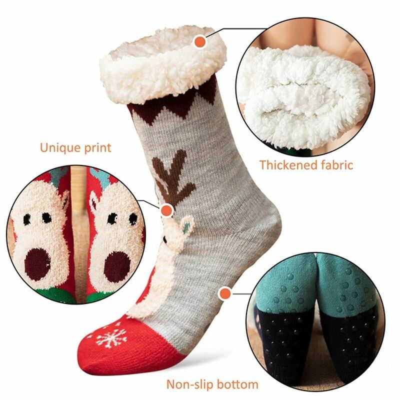 Calcetines peludos de punto suave para mujer, calcetín antideslizante, alfombra cálida, alce grueso, ciervo, dormir, hogar, interior, invierno, navidad