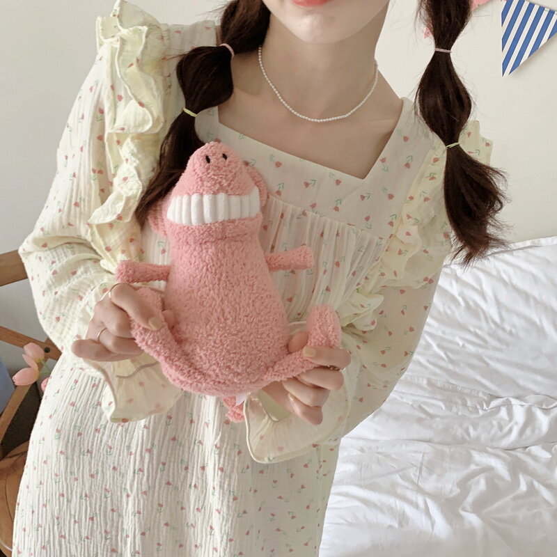 Mùa Thu Mới Cotton Nhà Quần Áo Váy Ngủ Cho Nữ Xù Bông Gạc Cổ Vuông Phối Sleepdress Dài Váy Ngủ Nữ S102