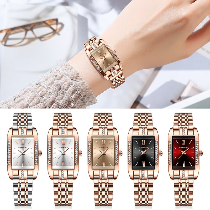 Crrju-女性のための長方形の超薄型ブランドの時計、いびきのシンプルなスタイル、日本のクォーツムーブメント、ステンレス鋼のブレスレット、ベルト、ファッション