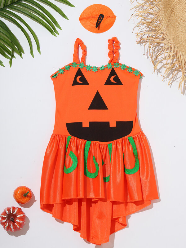 Kids Girls Pumpkin Witch Costume Sleeveless Sketch Specter Print Pumpkin Dress with Hairpin Headwear Halloween Dress Up Costume