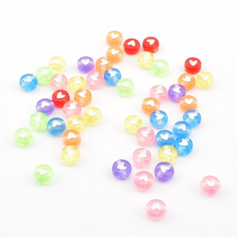 50pcs/lot 7*4*1mm DIY Acrylic letter beads Round transparent colored background white love beads for jewelry making