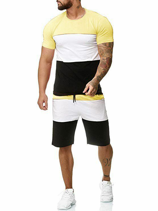 Fashion casual summer men color matching short sleeve breathable T-shirt cotton top + sports shorts set