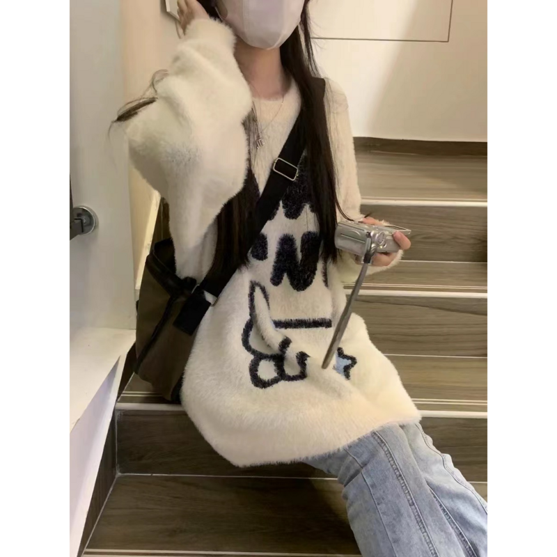 Pulover Kelinci Bulu Wanita, Atasan Sweater Rajut Leher Bulat Wol Marten Kartun Harajuku, Pulover Kelinci Lembut Musim Dingin