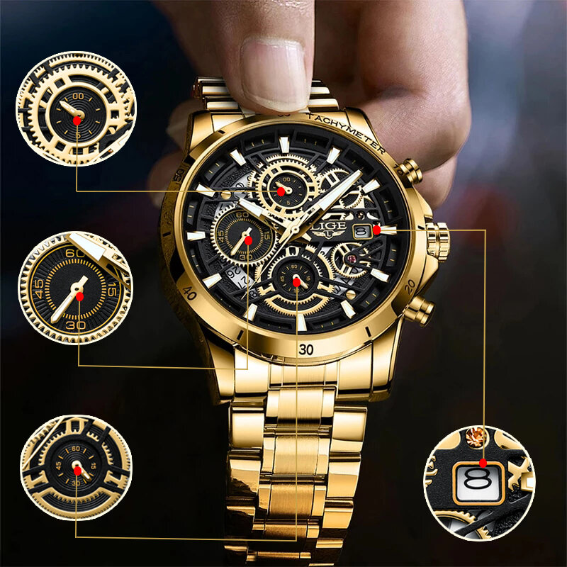 LIGE-Relogio Masculino 남성 시계, 럭셔리 골드, 빅 다이얼, 스테인레스 스틸, 남성 캐주얼 드레스 시계, 밀리터리 쿼츠 손목 시계