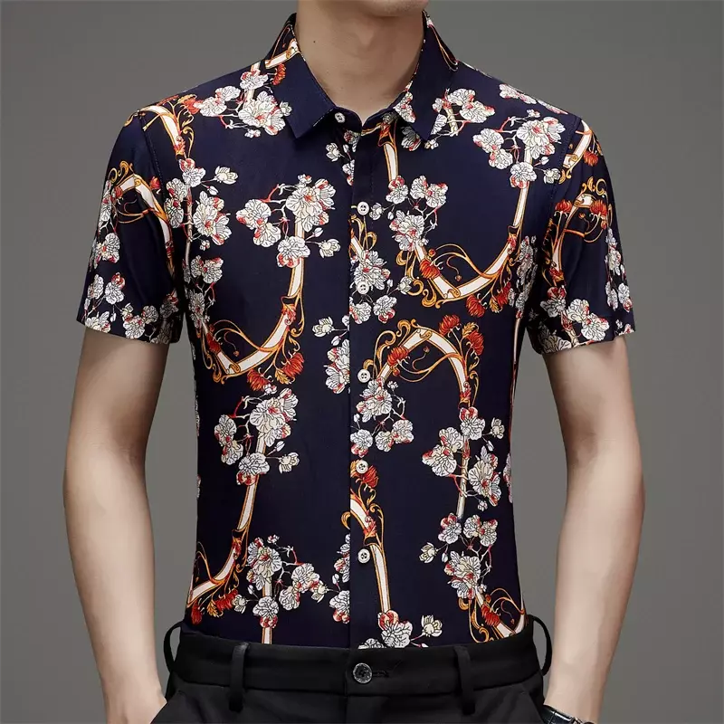 Kaus lengan pendek bermotif untuk pria, kemeja sutra es motif kasual tahan keriput untuk pria, kemeja musim panas baru
