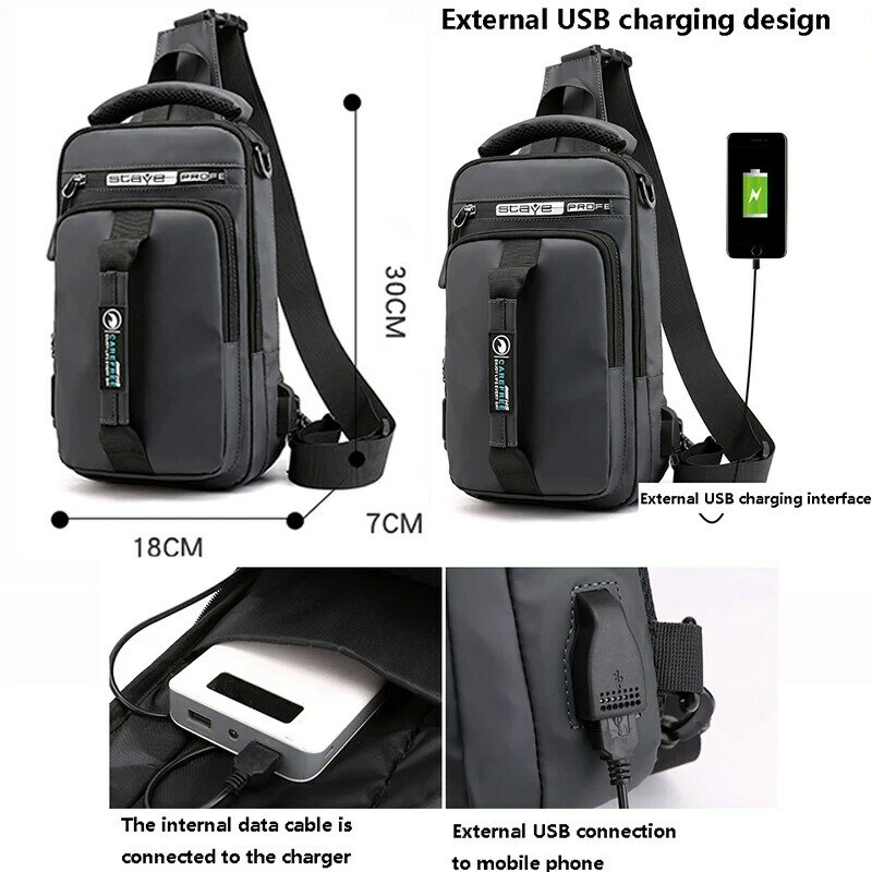 SUUTOOP الرجال متعددة الوظائف USB حقيبة كتف Crossbody عبر الجسم الرافعة الصدر حقائب مقاوم للماء السفر حزمة رسول حزمة للذكور