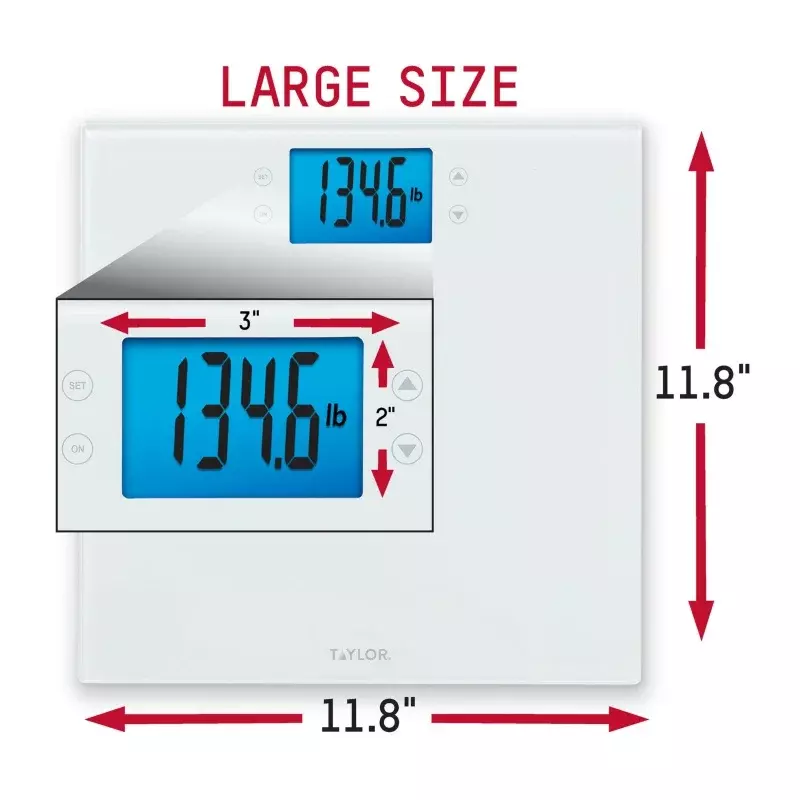 Стеклянные цифровые весы для здоровья Taylor, 11,8 дюйма x 11,8 дюйма, 400 фунтов, на батарейках, с 4 основными мерками, белого цвета